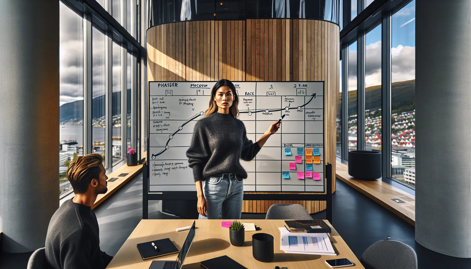 Project lead presents a phased website roadmap with moscow, raci, and risk log.