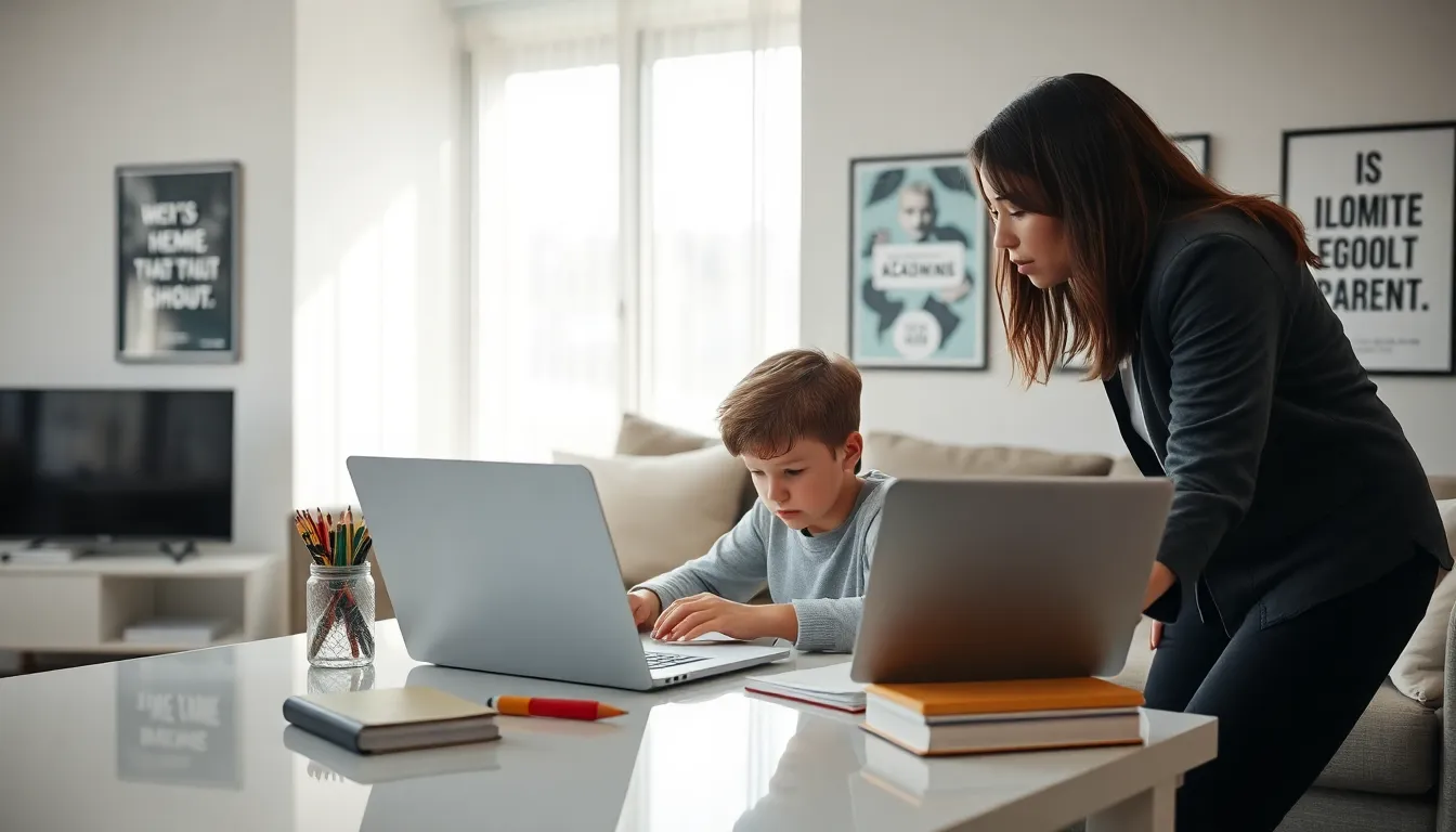 a mother overseeing her child's homework in a modern living room.