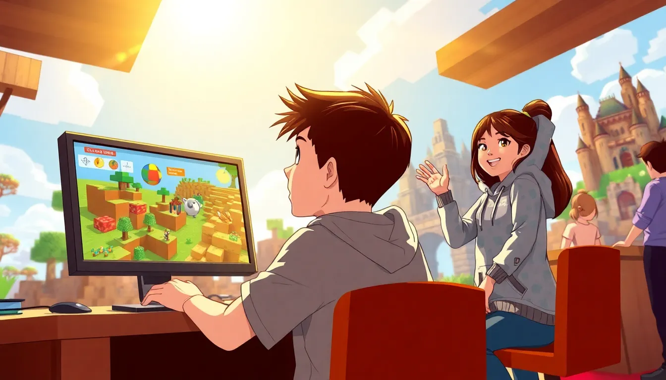 children engaging with Minecraft games on their computers.
