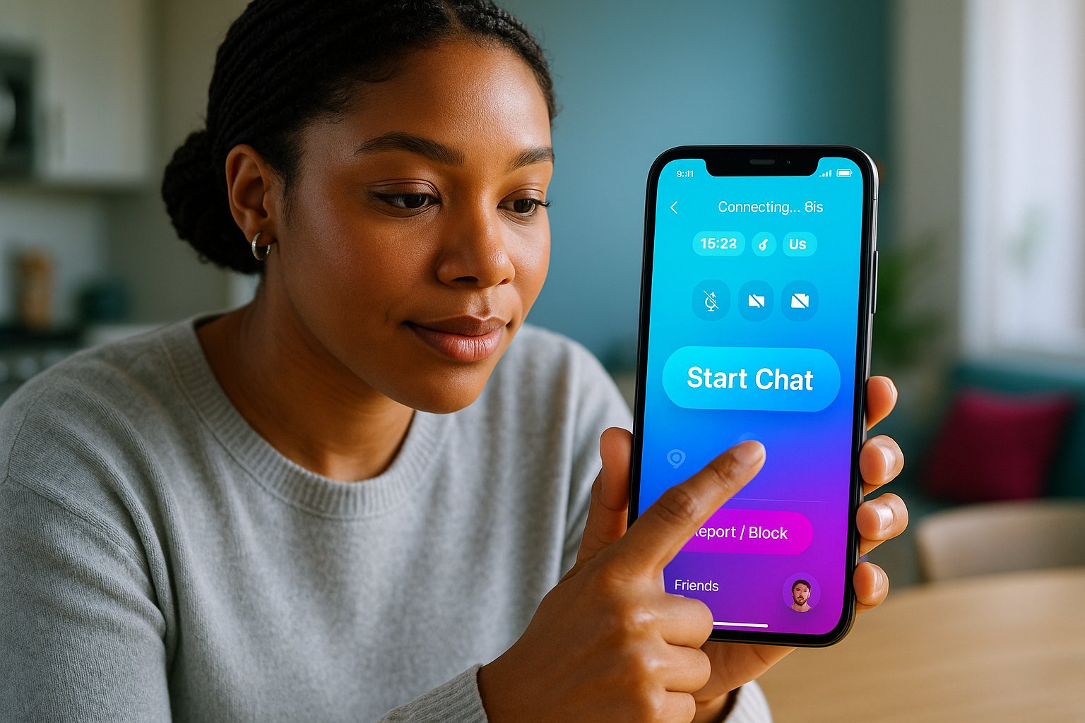 Person tapping a phone’s “Start Chat” button with visible report and filters.