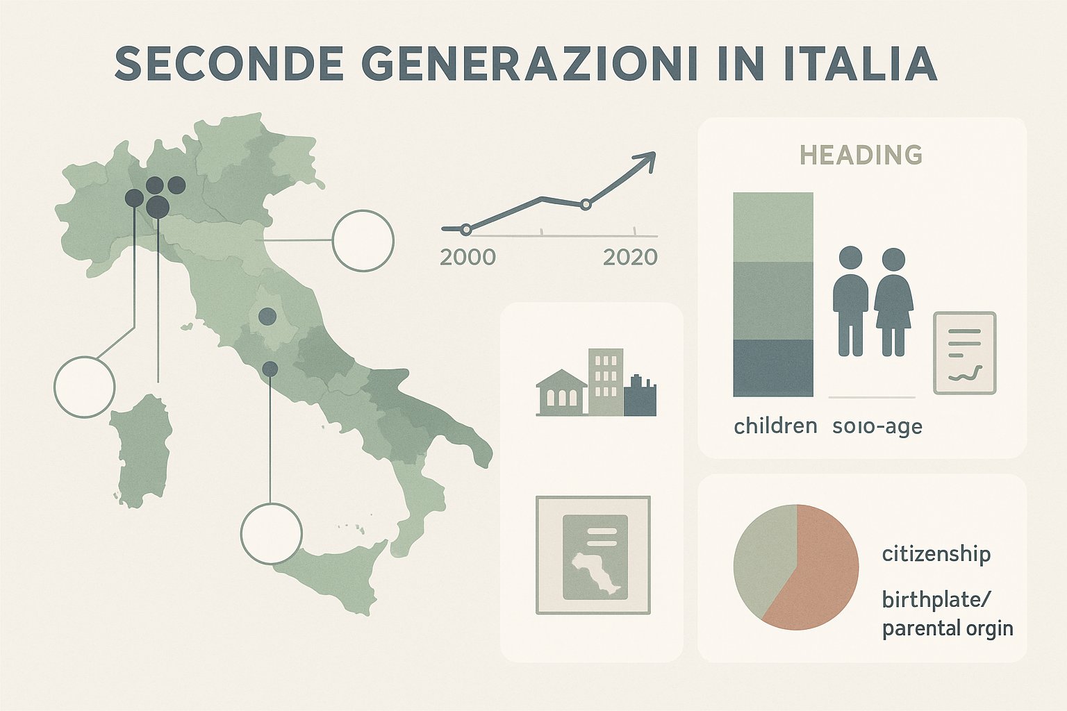 Mappa e grafici che mostrano la crescita e la diffusione regionale dei giovani di seconda generazione in Italia.