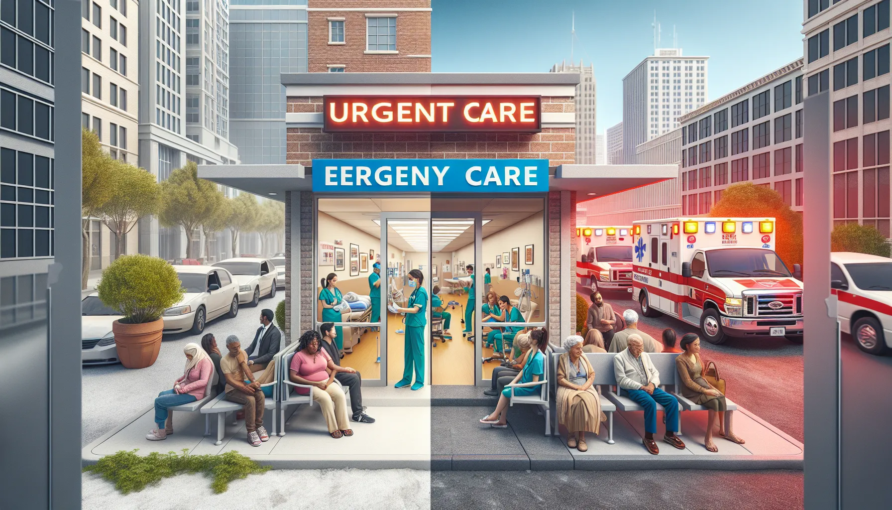 Comparison of an urgent care clinic and an emergency room entrances in the U.S.