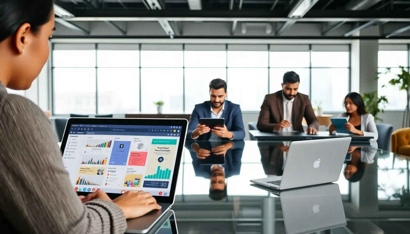 professionals collaborating with Ebalov9 software in a modern office.