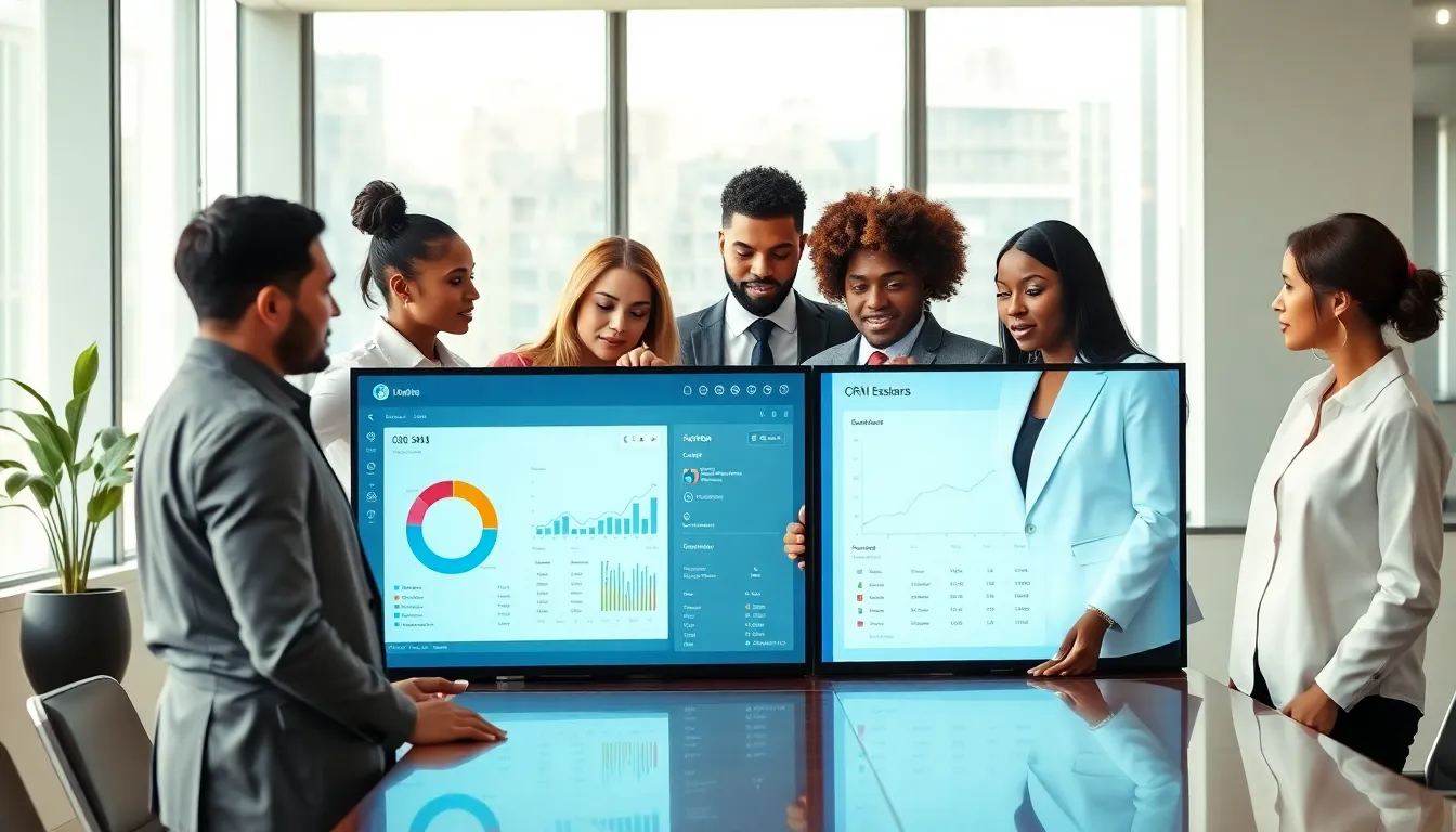 diverse team analyzing CRM lead generation strategies in a modern office.