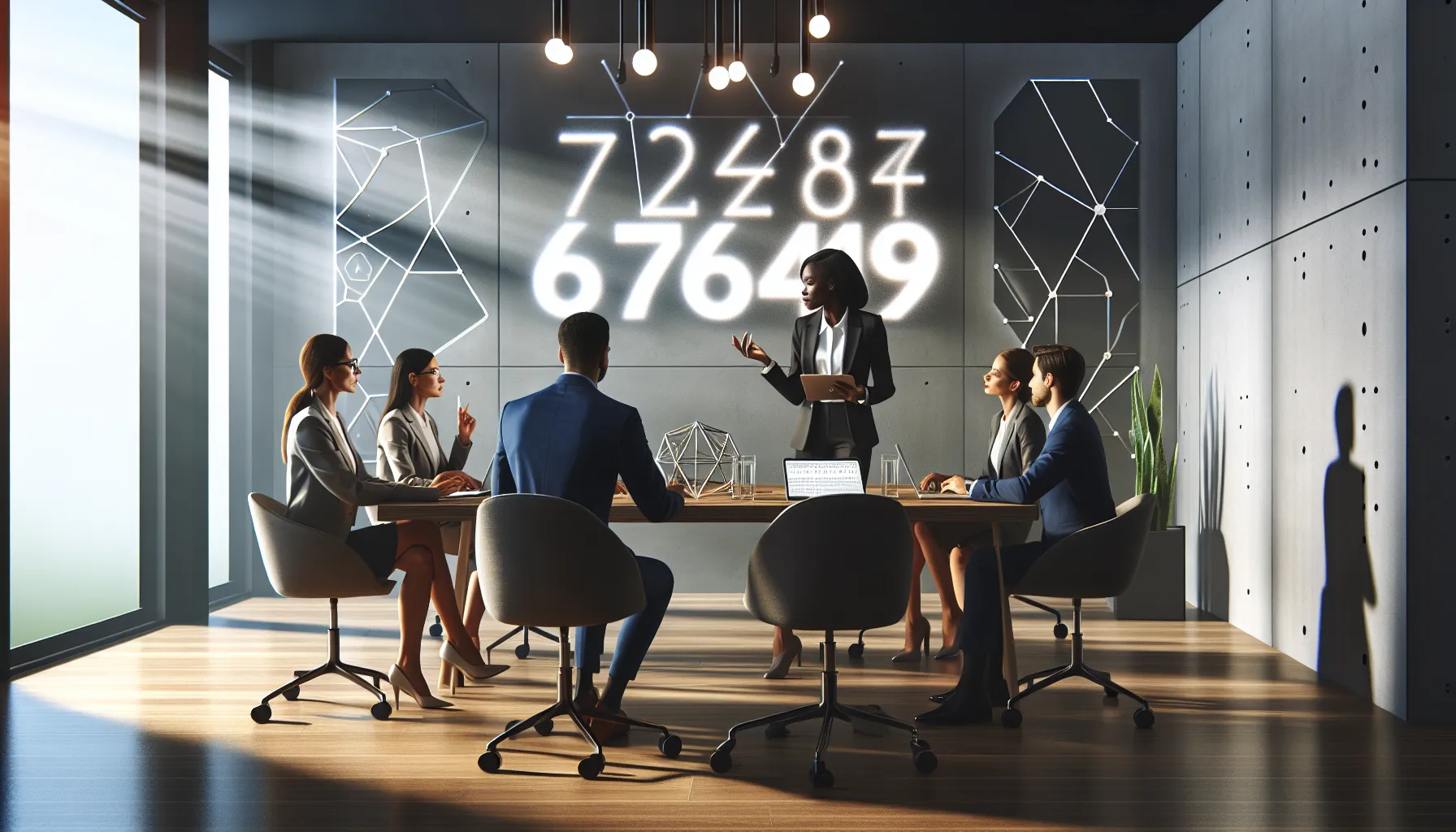 diverse team discussing numerology in a modern office setting.