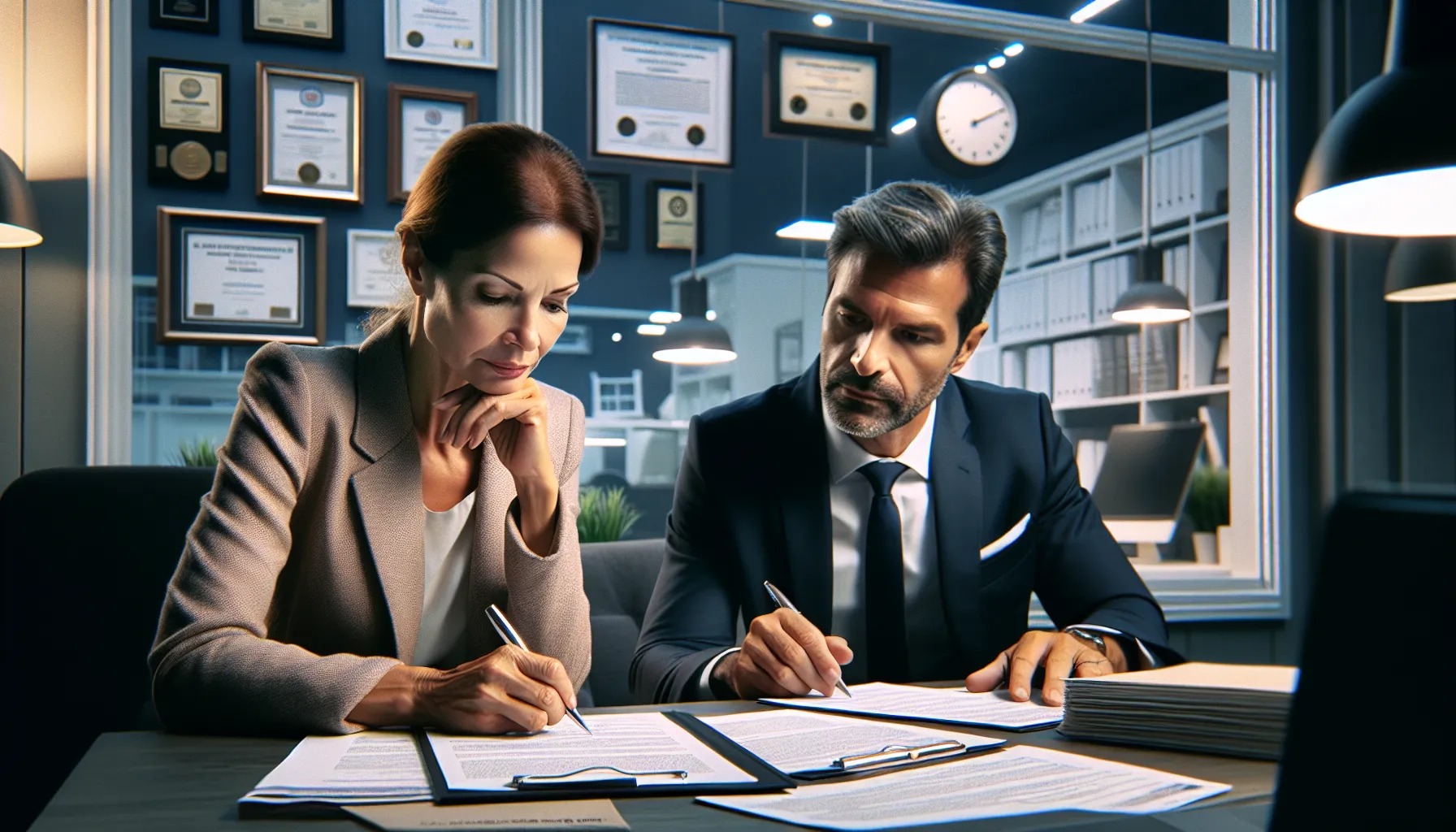 A person reviewing financial documents with a banker in an office setting.