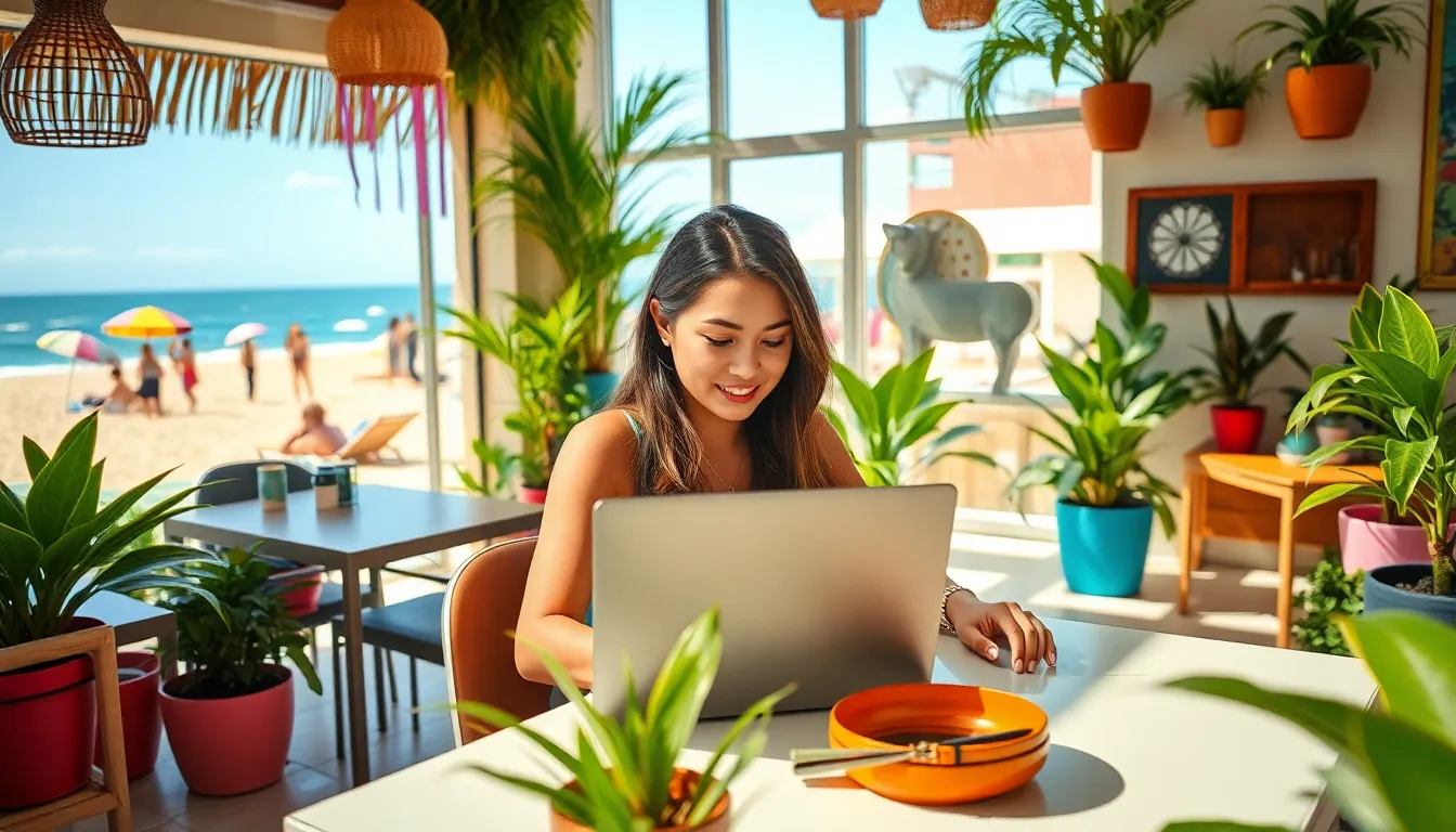 A digital nomad working in a beachside café.