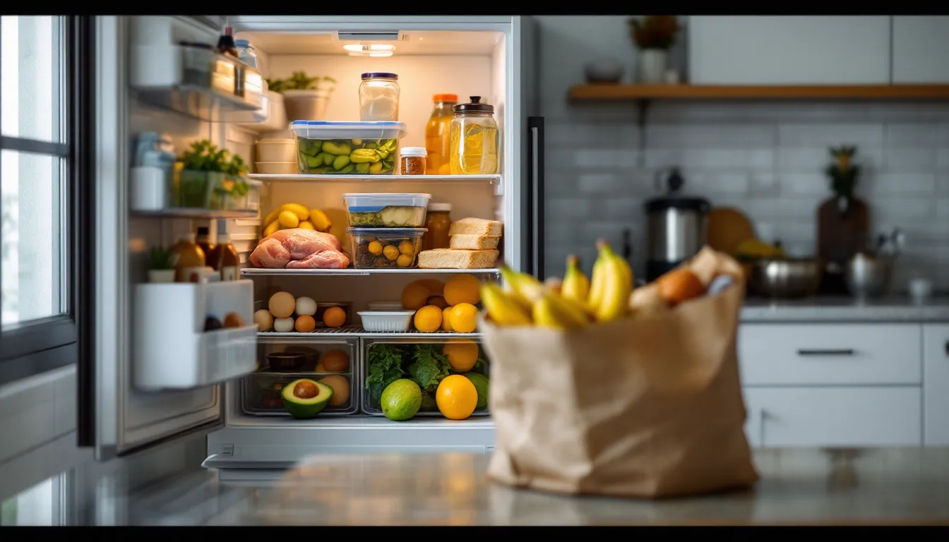 An open refrigerator with forgotten food items beside an overfilled grocery bag.