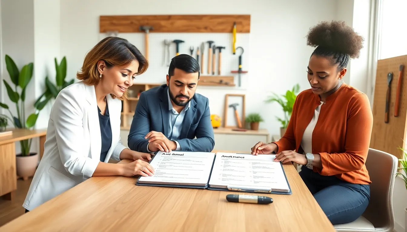 diverse team reviewing a home maintenance checklist in a modern office.