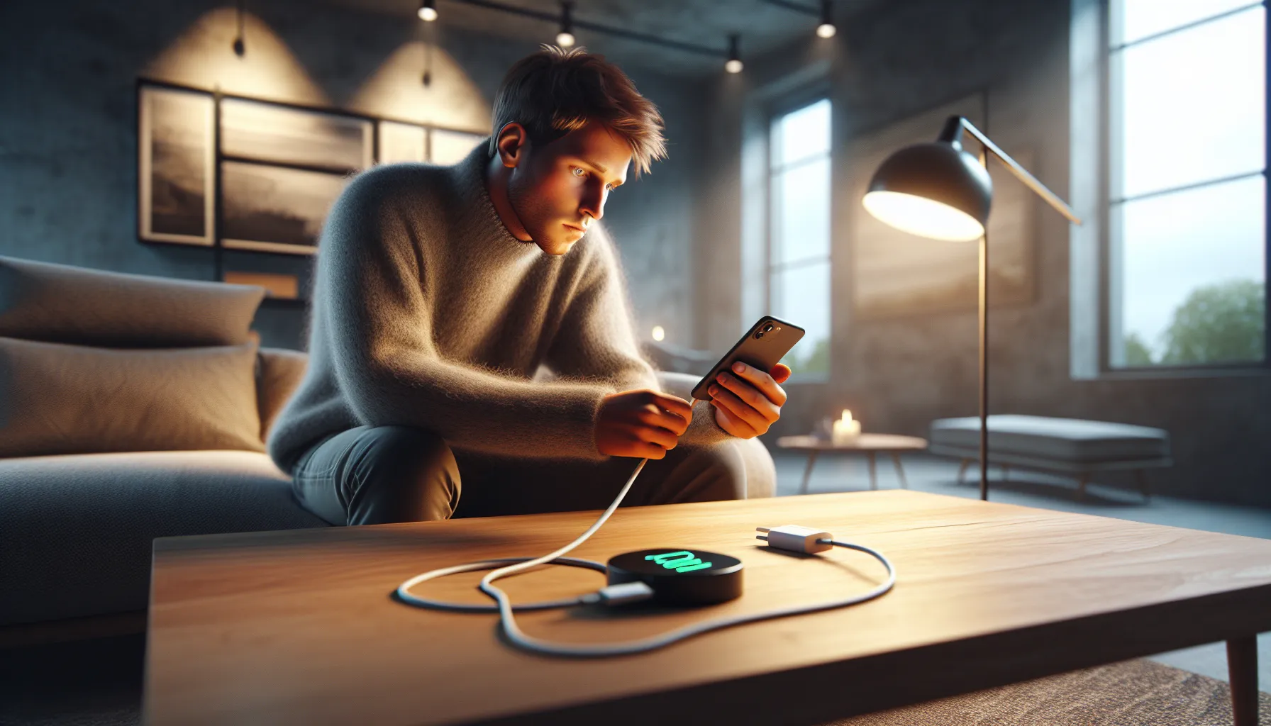 Person testing a worn phone cable and chargers on a table in a norwegian home.