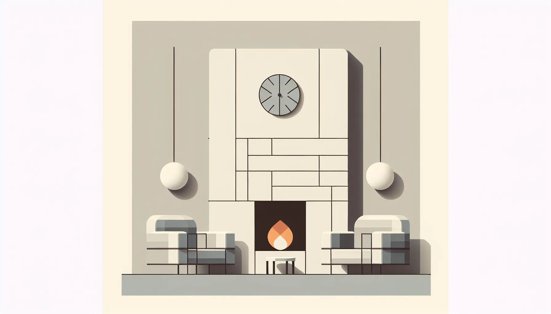 Minimal living room with fireplace, armchairs and clock in flat design style