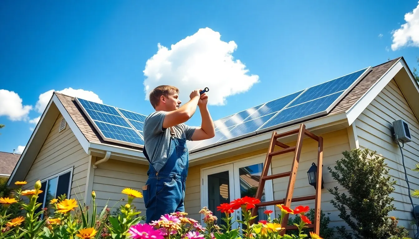 A man installing solar panels on a suburban home rooftop.