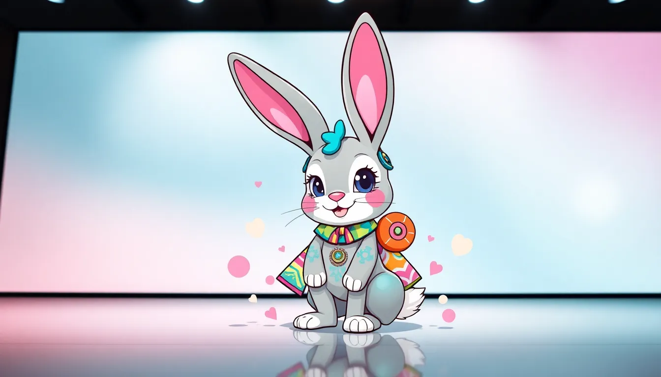 colorful illustration of a whimsical cartoon bunny character.