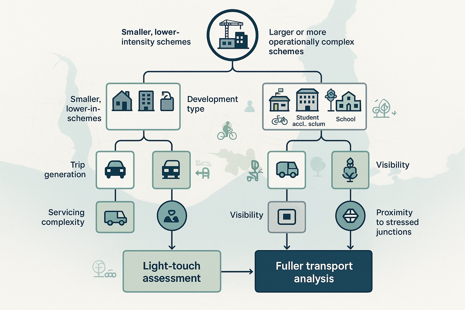 Infographic showing how development size and type affect transport assessment needs.