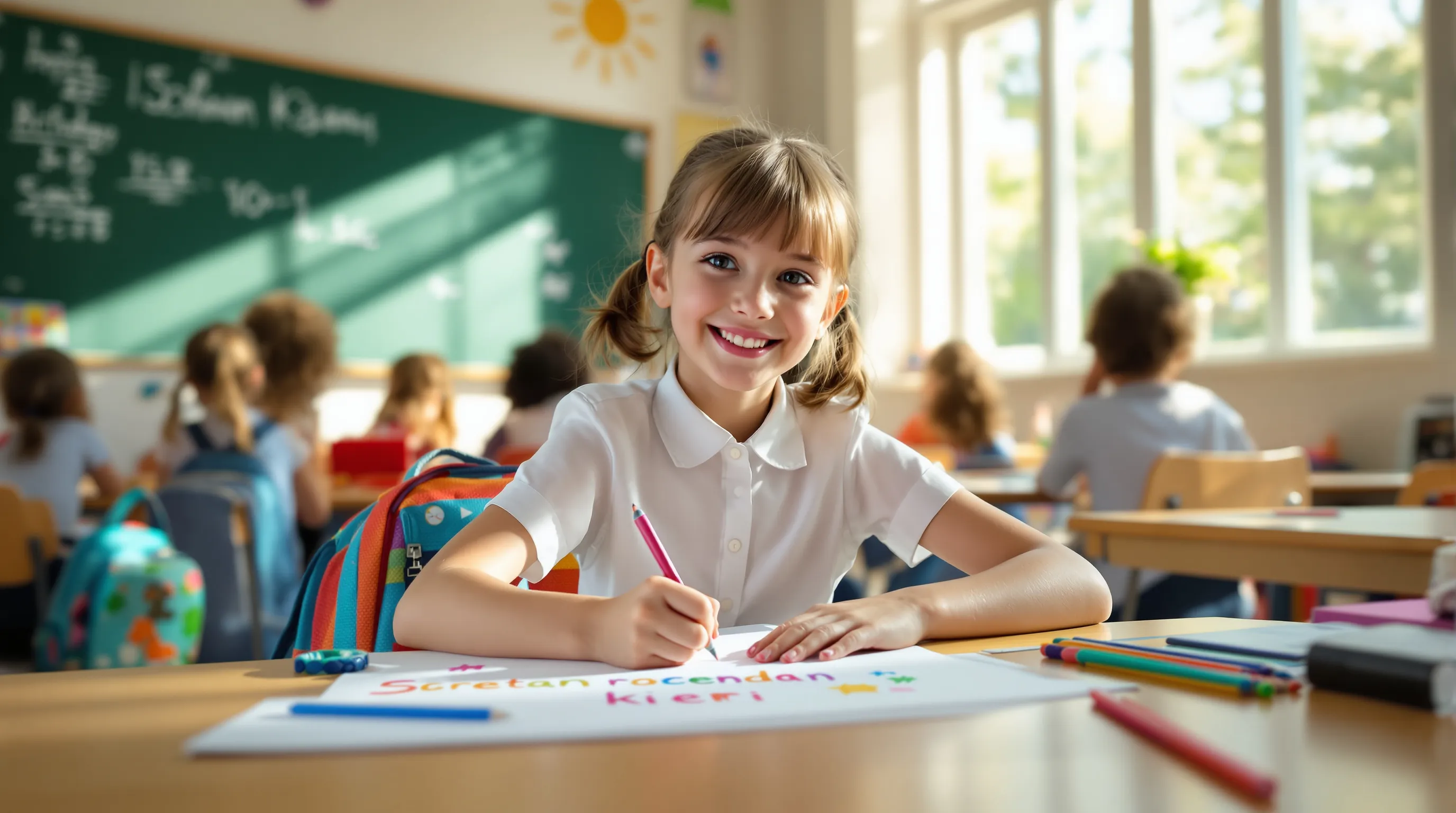 A Croatian schoolgirl draws at her desk with birthday card and friends nearby.