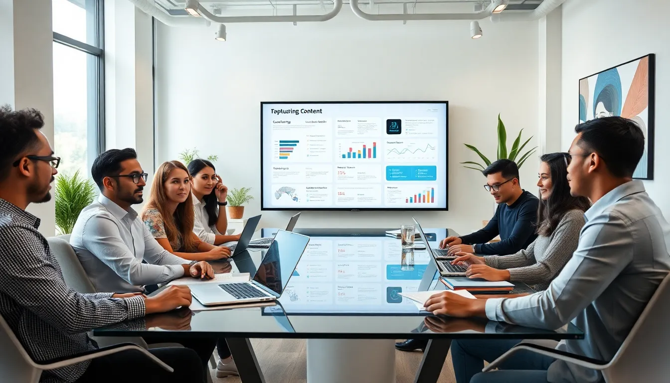 diverse team collaborating on captivating content in a modern office.