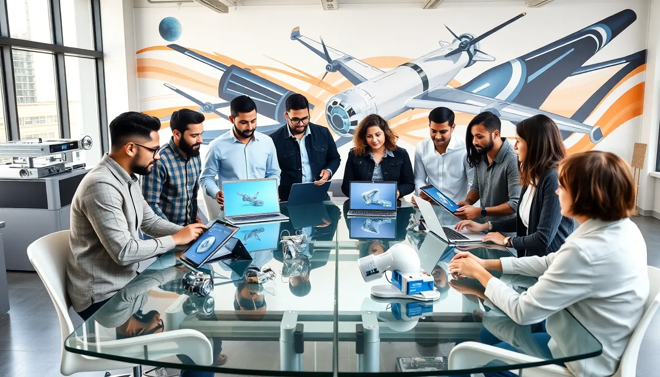 diverse team collaborating in a modern aerospace startup.