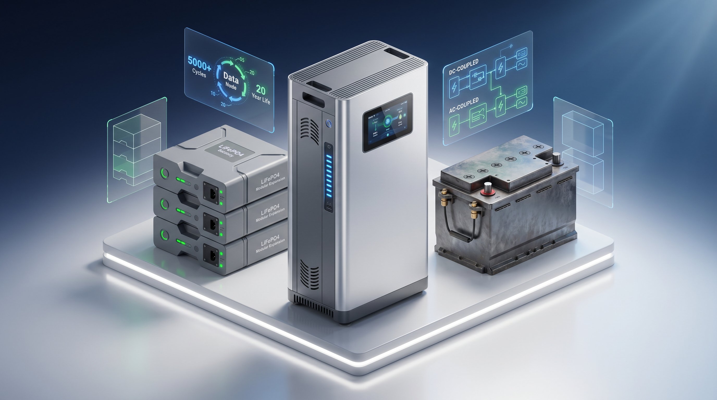 3D render comparing lithium-ion, LiFePO4, and lead-acid home solar battery units on display platform.