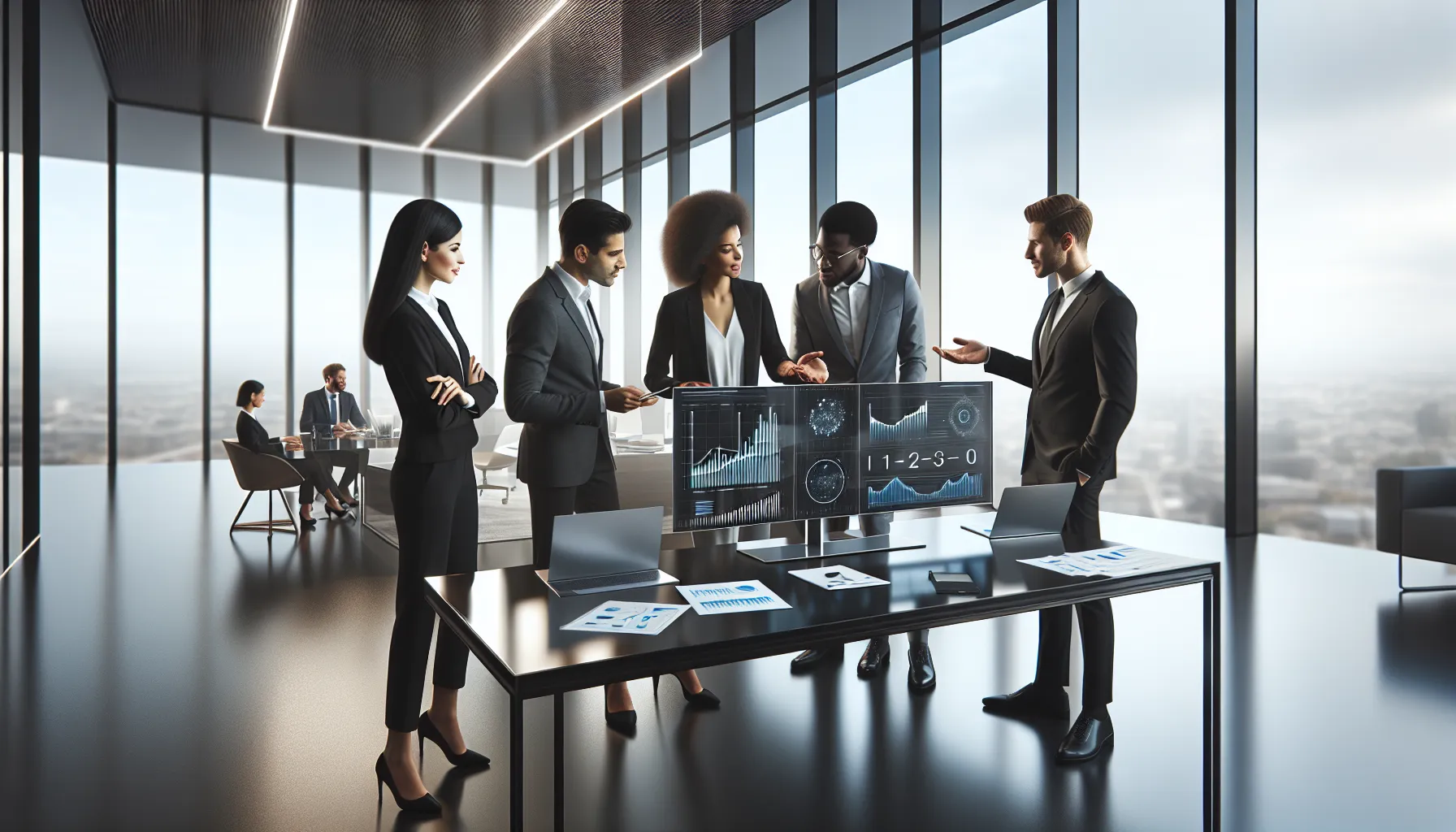 diverse team analyzing data in a modern office setting.