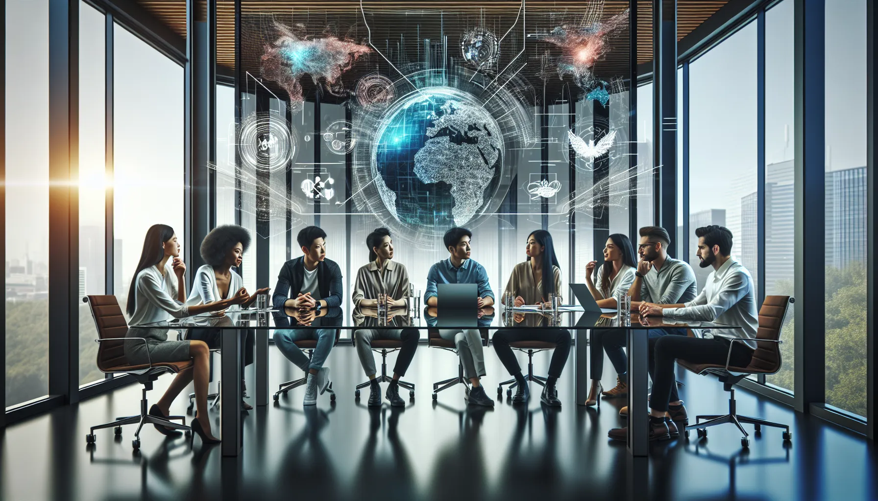 Diverse team brainstorming in a modern office about language trends.