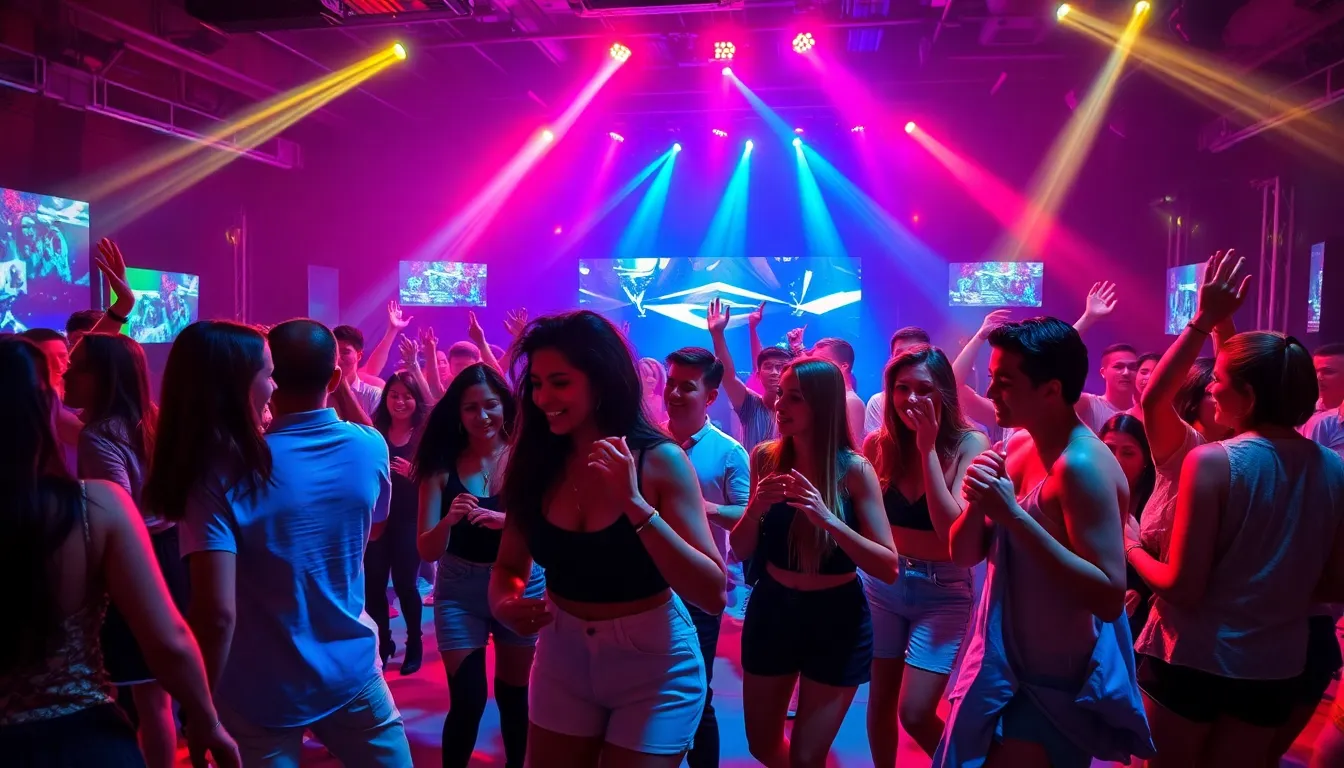 diverse crowd dancing in a vibrant nightclub to electronic dance music.
