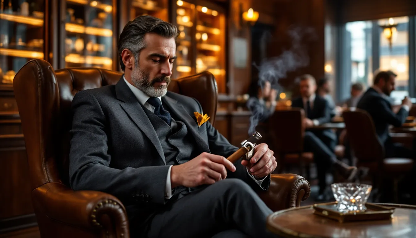 Gentleman cutting cigar in upscale British lounge