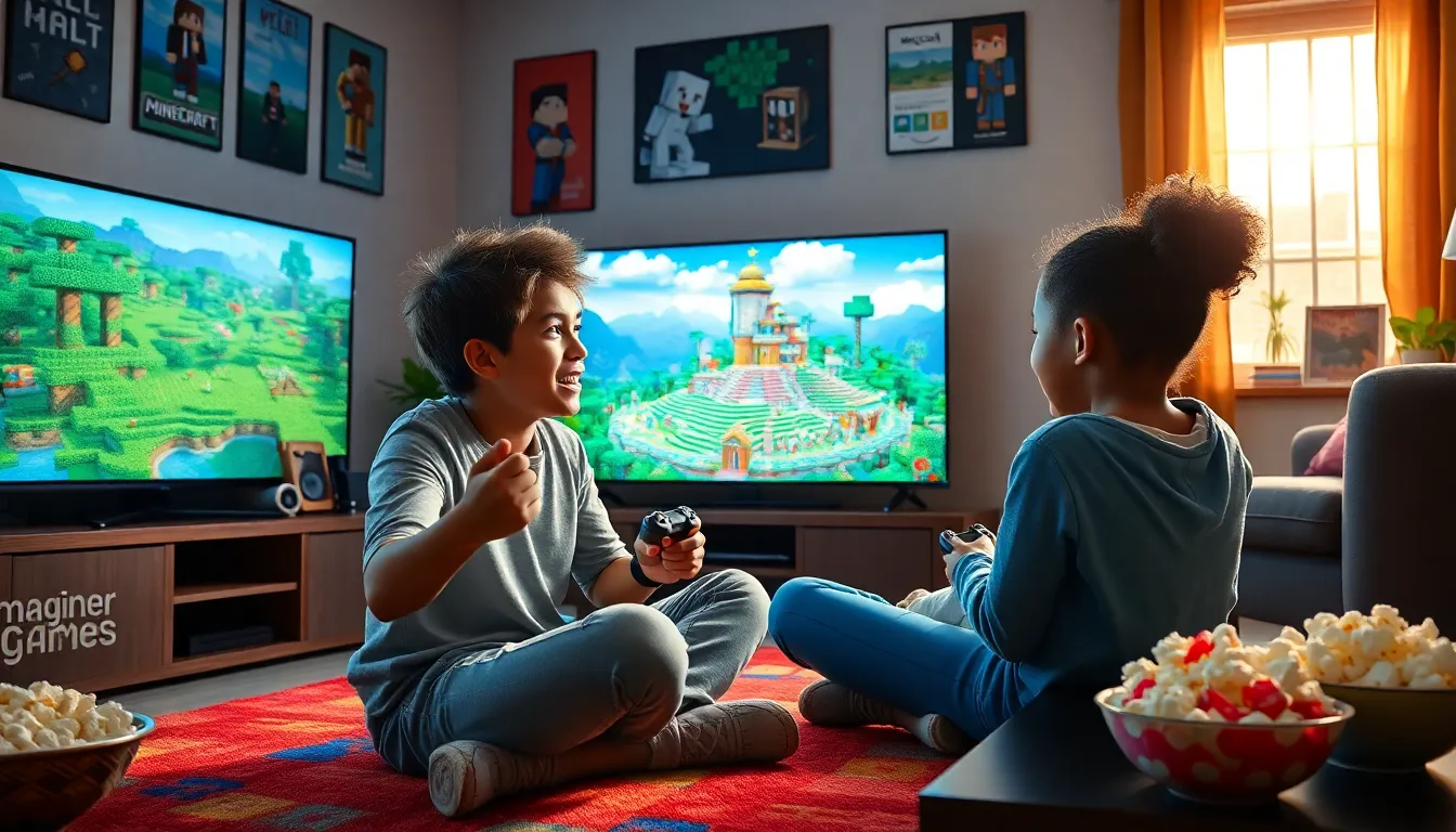 two young gamers excitedly playing the latest Minecraft ImagineerGames.