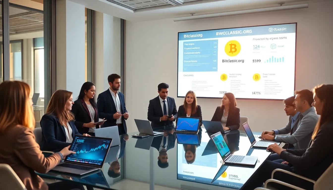 diverse professionals collaborating on cryptocurrency in a modern office.