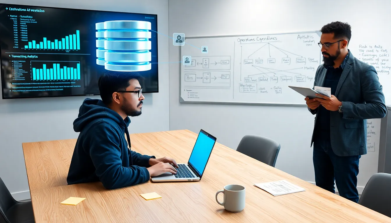 Engineer at laptop with holographic database and teammates discussing dashboards.