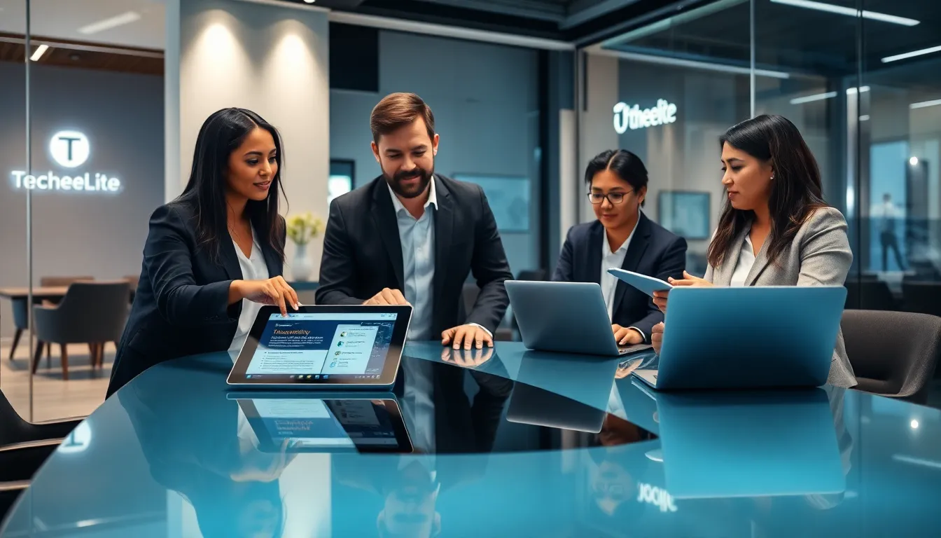 diverse team discussing tech solutions in a modern office.