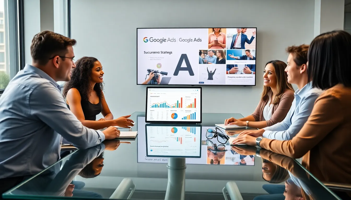 diverse team discussing Google Ads strategies in a modern office.