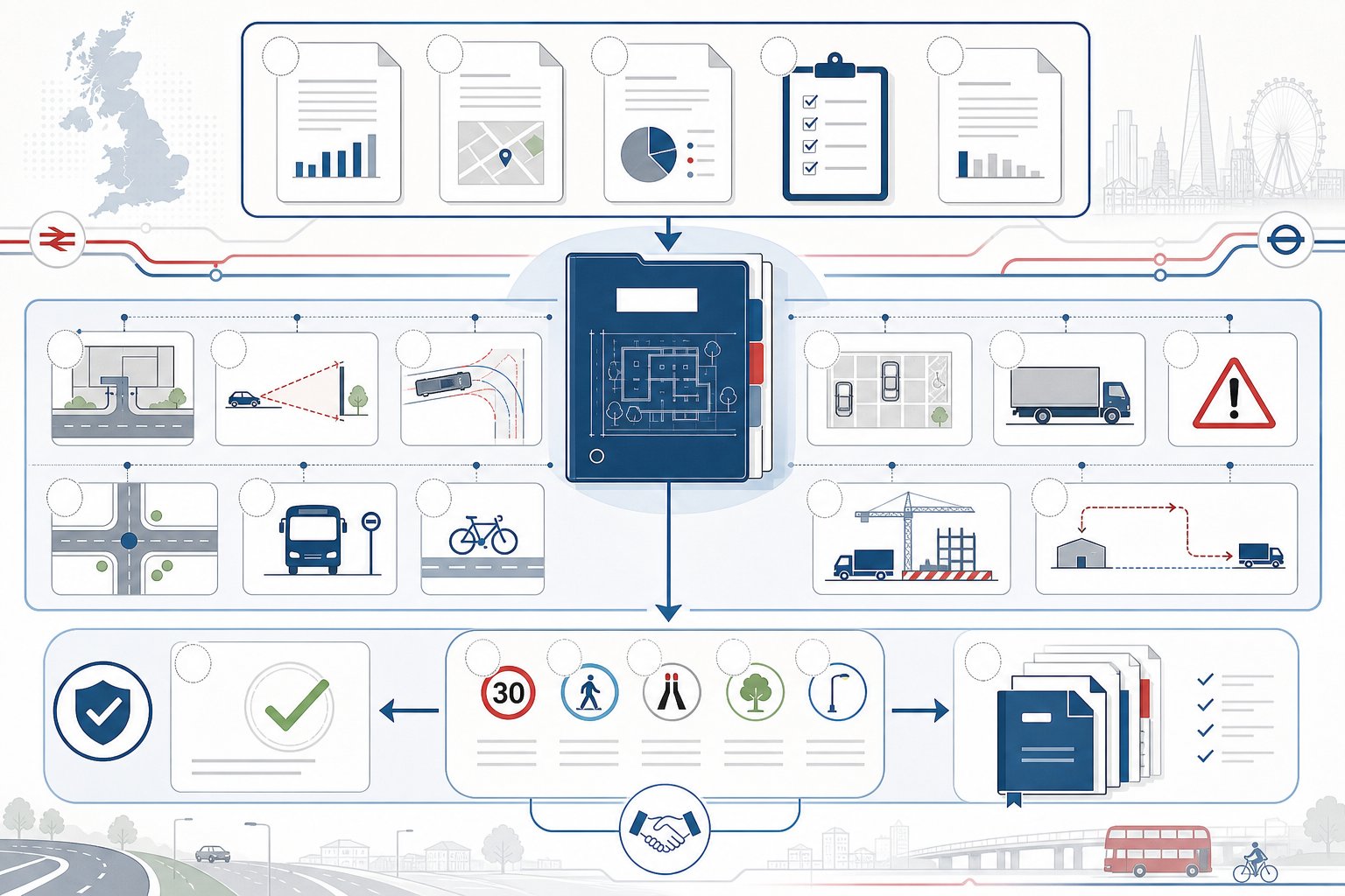 Infographic showing core transport reports and supporting planning evidence in the UK.