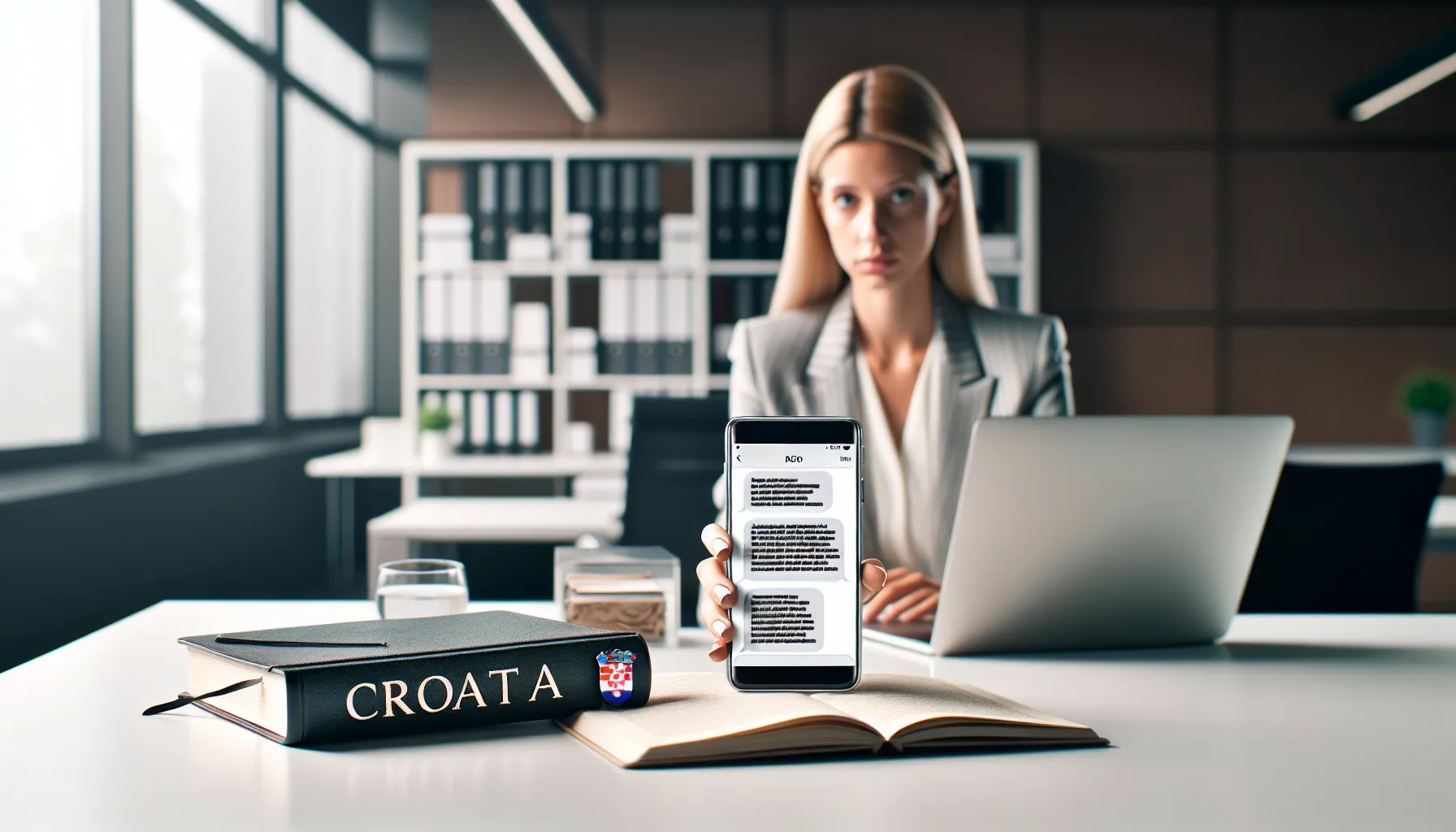 Smartphone showing threatening messages with professional woman reviewing digital harassment resources