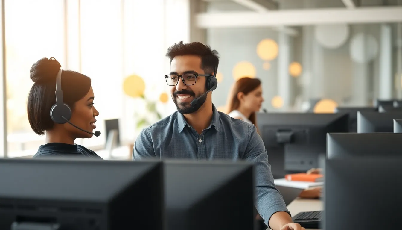 diverse professionals in a modern call center engaging with customers.