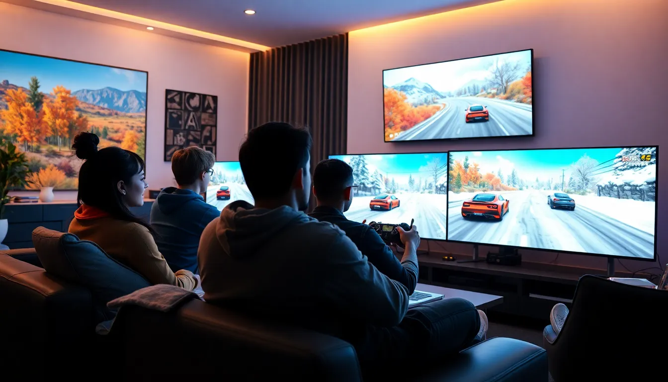 diverse group of gamers enjoying Forza Horizon 4 in a modern living room.