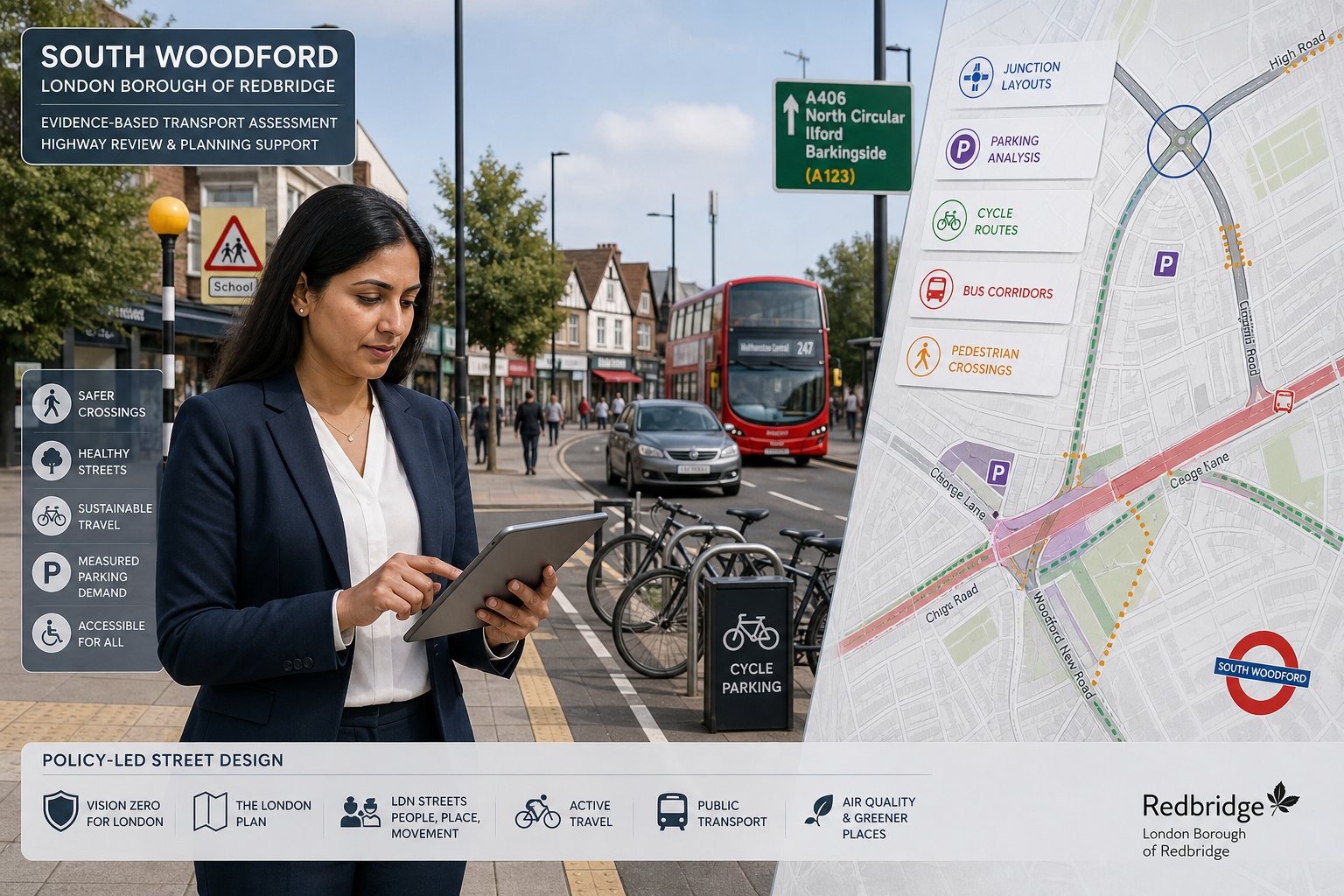 Traffic engineer reviewing South Woodford street and transport planning details.