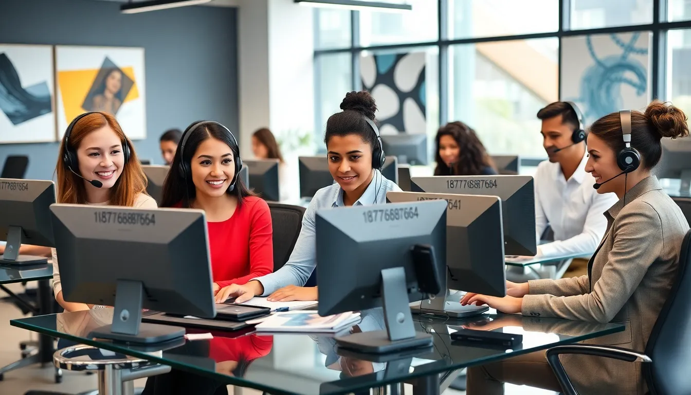 diverse team working in a modern call center setting.