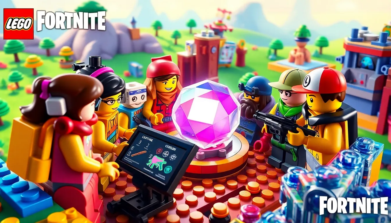 diverse players engaged in Lego Fortnite crafting Brightcore items.