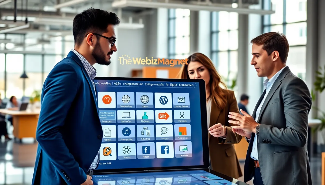 professionals collaborating in a modern office around a digital resource platform.