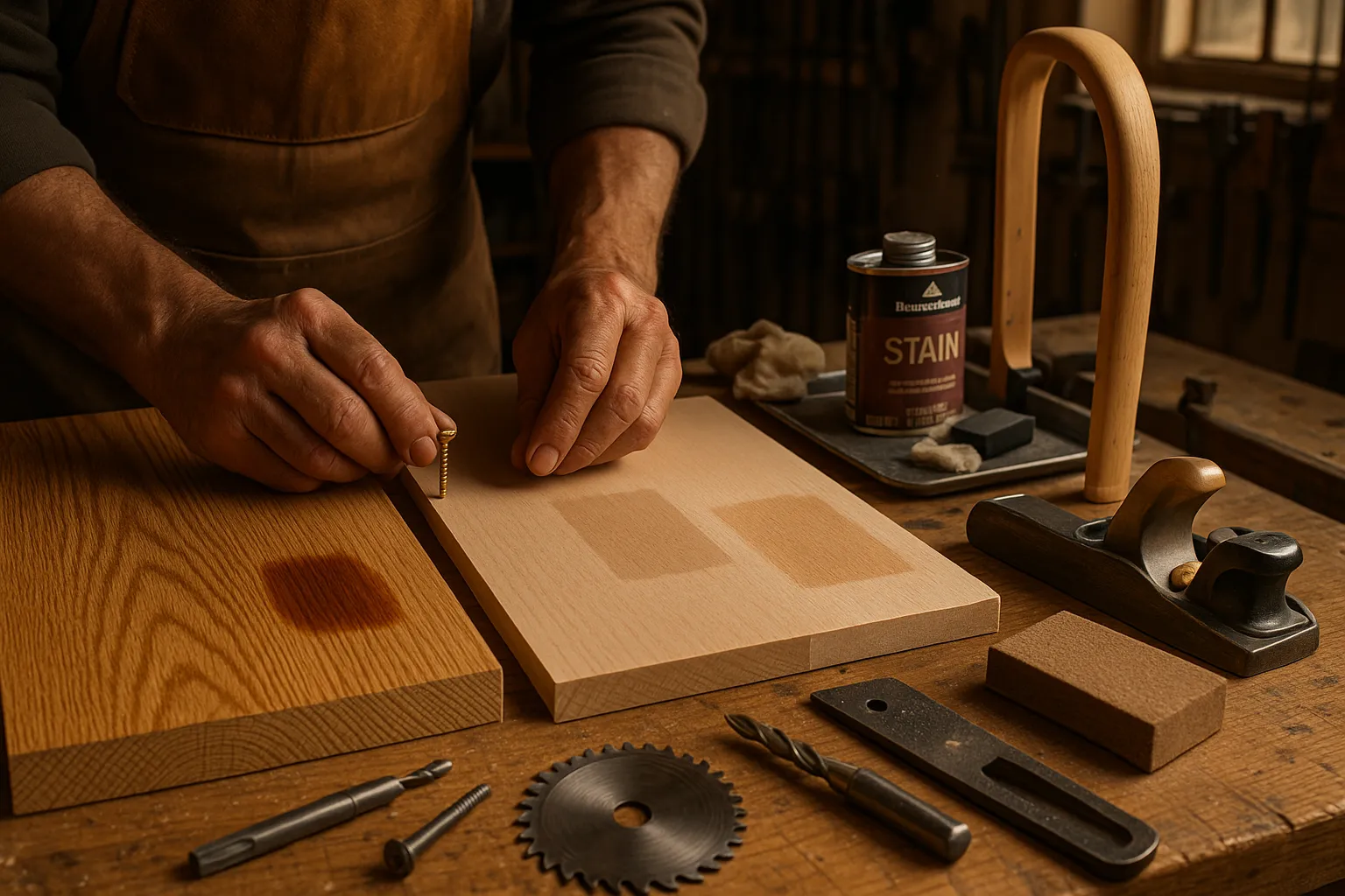 Close-up of oak and beech boards with tools, stains, and a steam-bent beech piece.