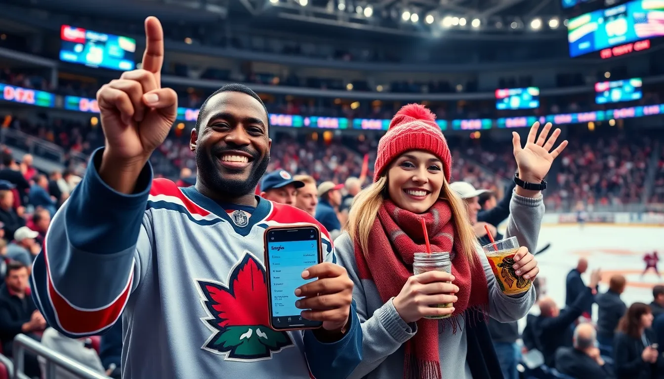 excited hockey fans in an arena celebrating a game with live updates.