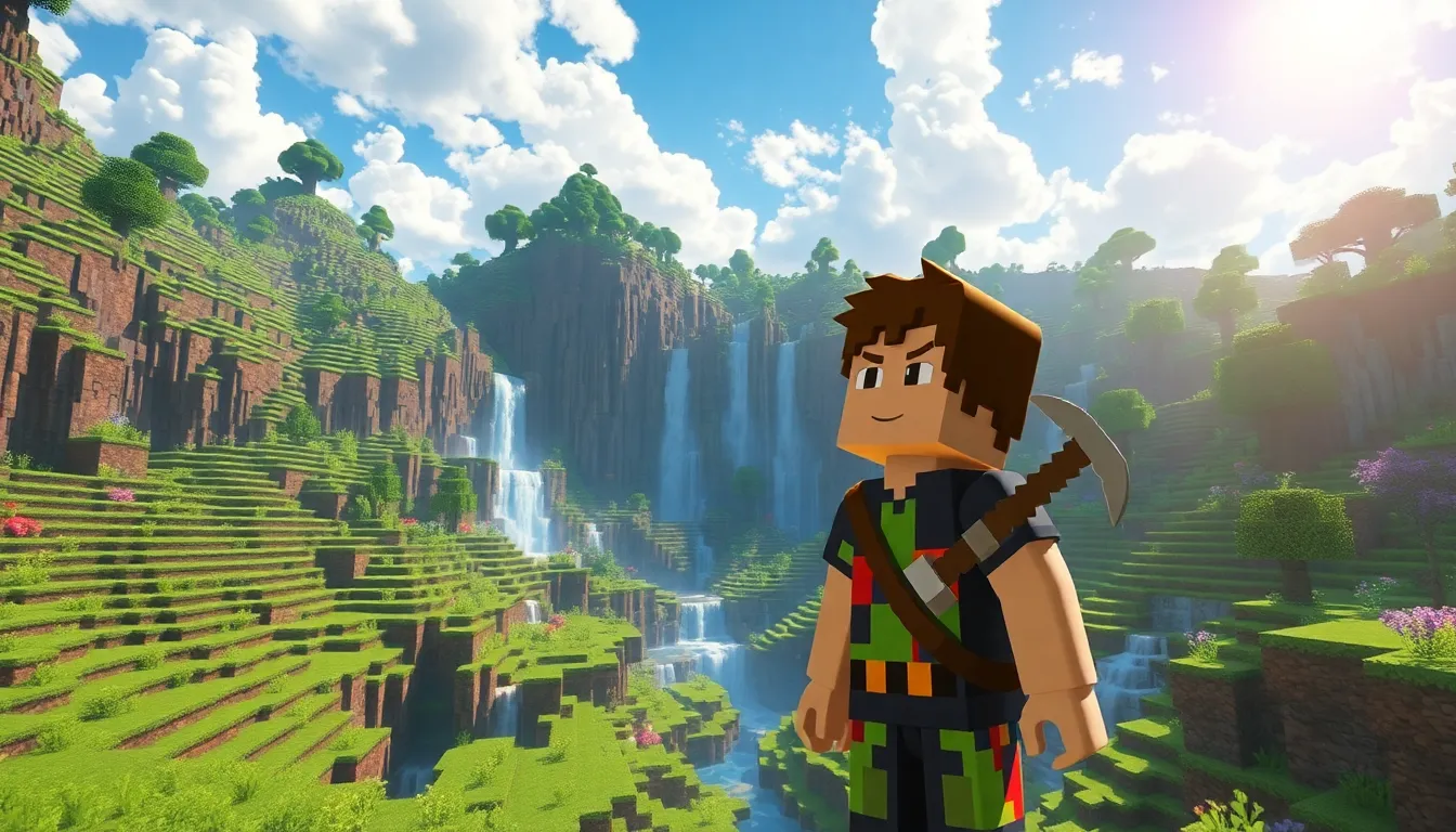 A Minecraft player exploring a vibrant landscape with caves and biomes.