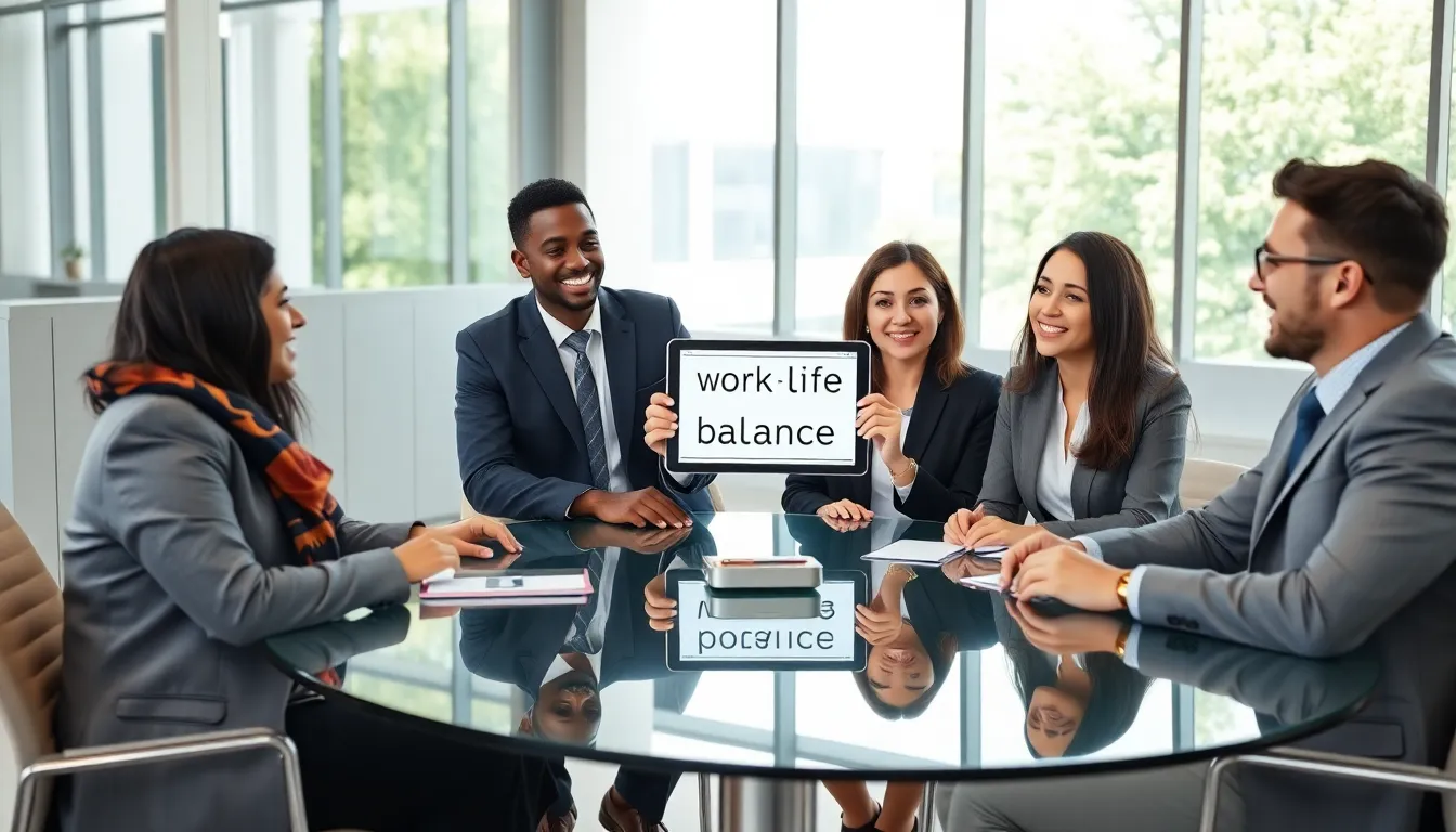 diverse professionals sharing a humorous work-life balance meme in a modern office.