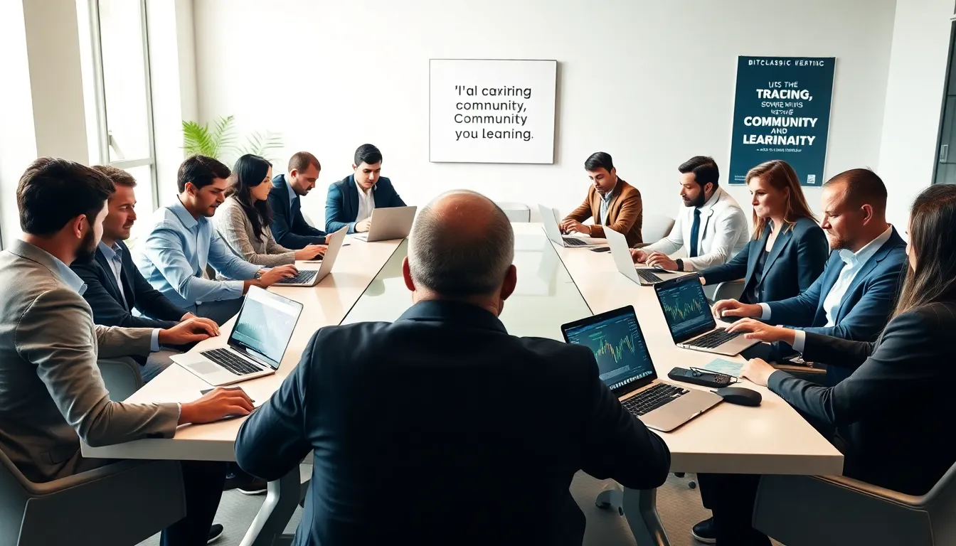 diverse group discussing cryptocurrency in a modern office.