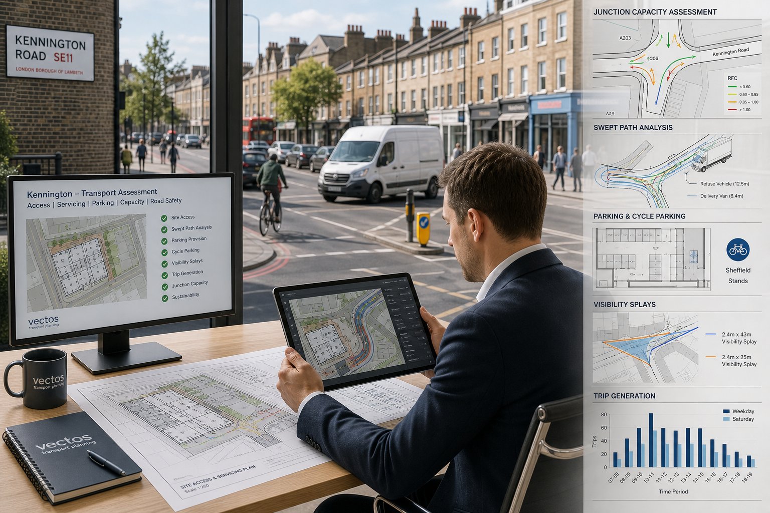 Traffic engineer reviewing urban access and road safety plans in Kennington.