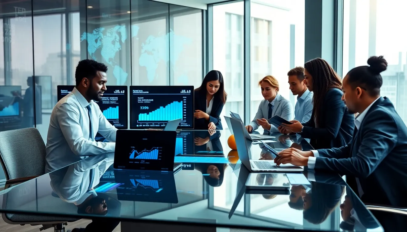 financial professionals discussing ETFs in a modern office.