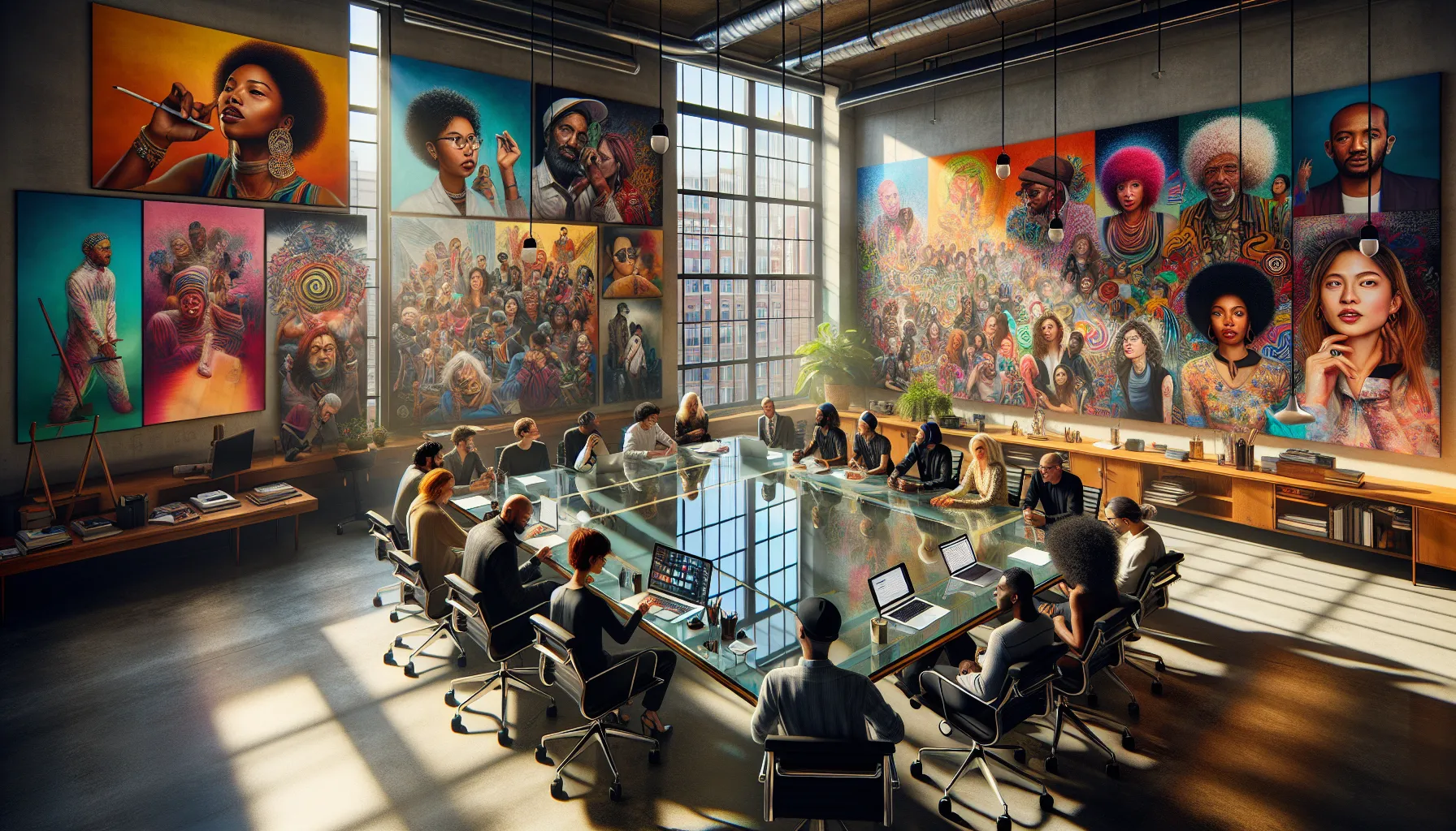 diverse artists collaborating in a modern office setting.