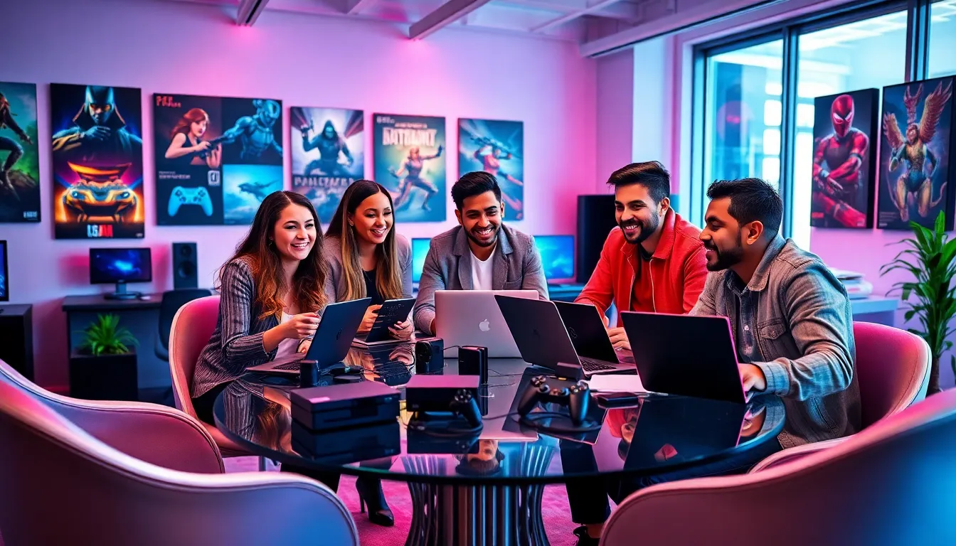 diverse team discussing gaming strategies in a modern office.