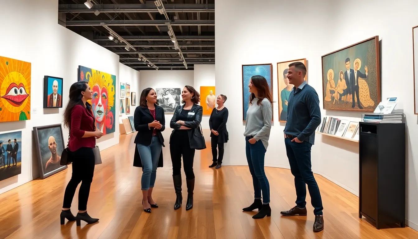 diverse curators discussing art in a modern gallery.