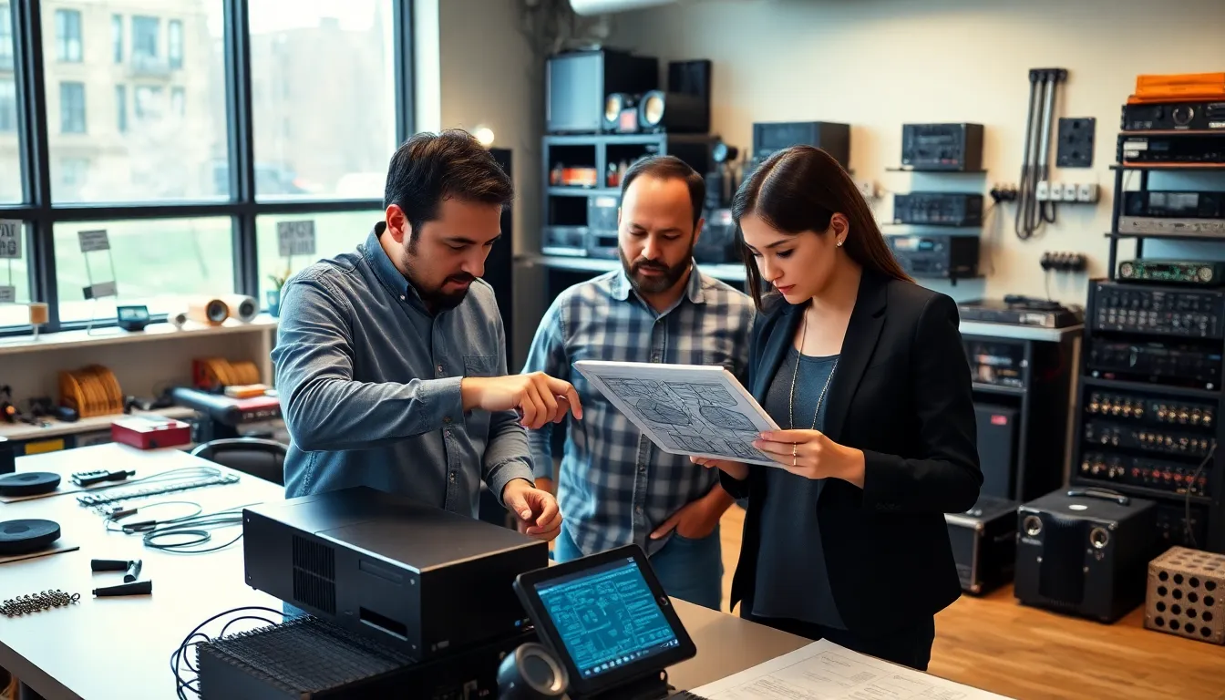 audio professionals collaborating in a modern workshop.